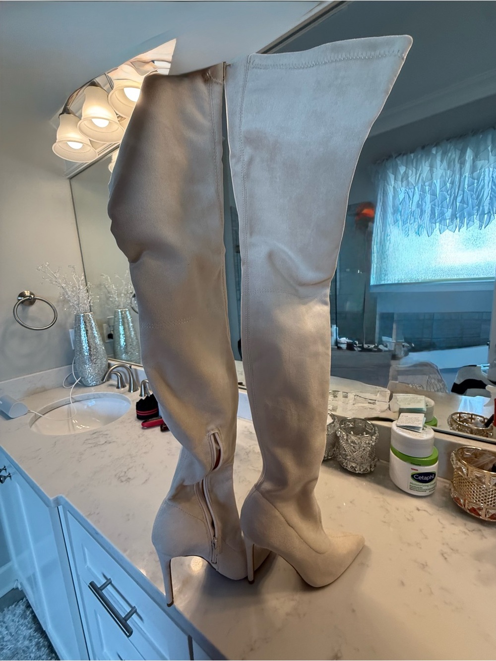 Women's Thigh High Over-the-Knee Suede High Heel Boots in Cream